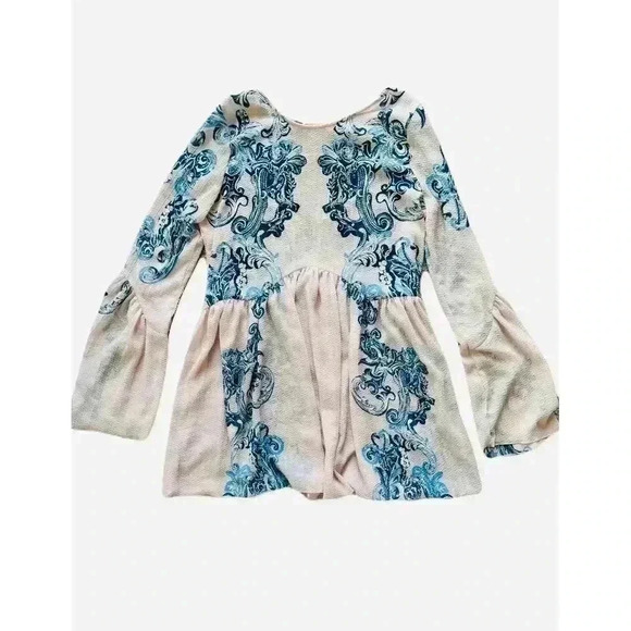 Free People Floral Symphony Slip Tunic Mini Dress with Bell Sleeves Size M - Picture 3 of 8